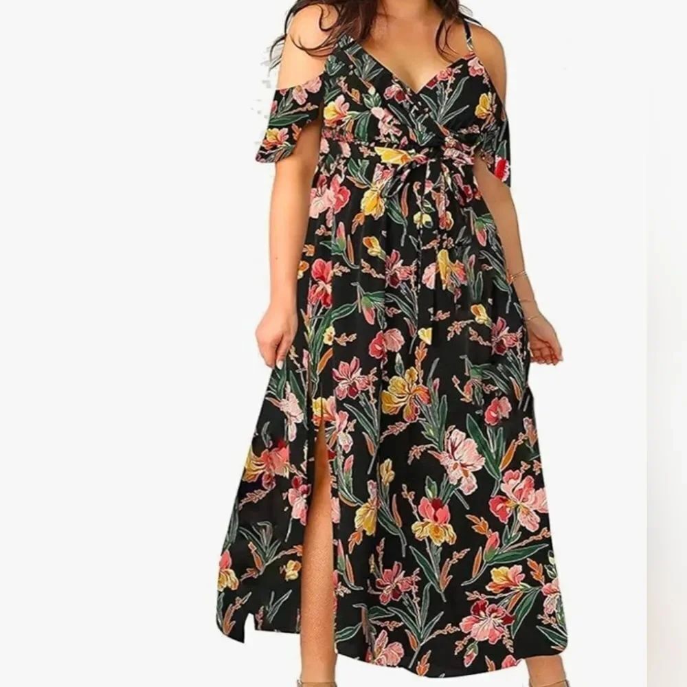 Floral Off-Shoulder Maxi Dress in Black